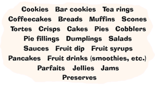 Cookies  Bar cookies  Tea rings  Coffeecakes  Breads  Muffins  Scones  Tortes  Crisps  Cakes  Pies  Cobblers  Pie fillings  Dumplings  Salads  Sauces  Fruit dip  Fruit syrups  Pancakes  Fruit drinks (smoothies, etc.)  Parfaits  Ice cream  Jellies  Jams  Preserves  Apple butter